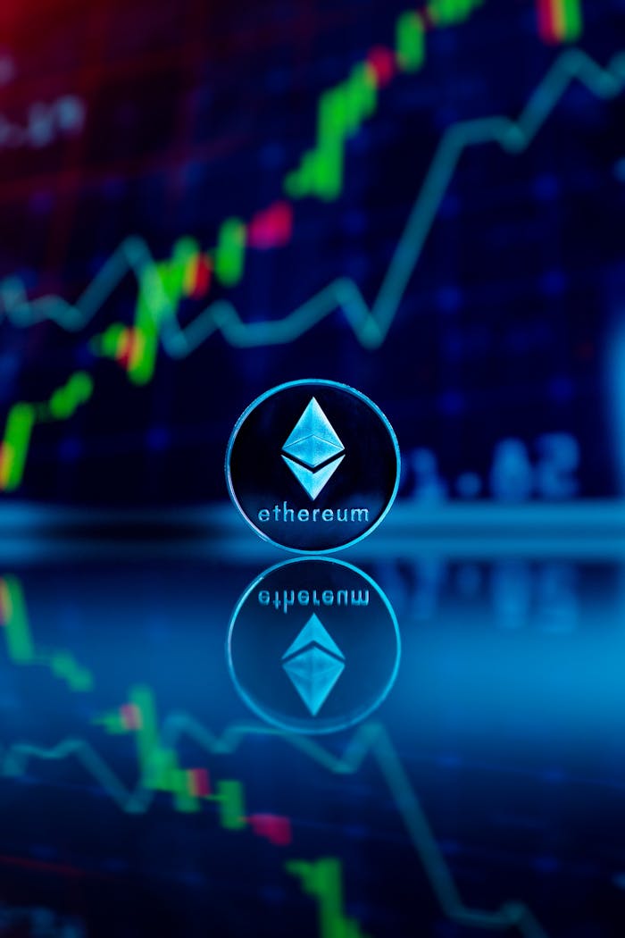 services-04 Ethereum coin reflecting with financial graph in the background, symbolizing digital currency trading.