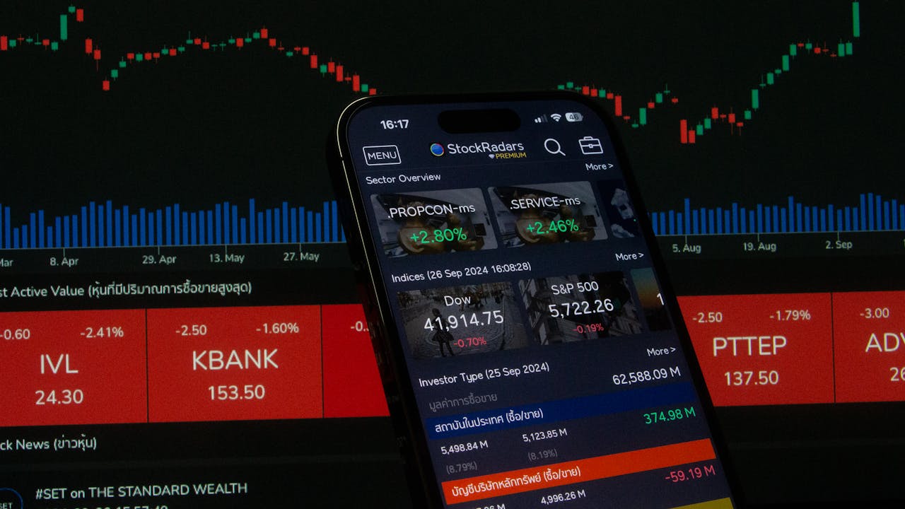 services-03 Close-up of a digital stock trading app interface with investment charts and market trends displayed.